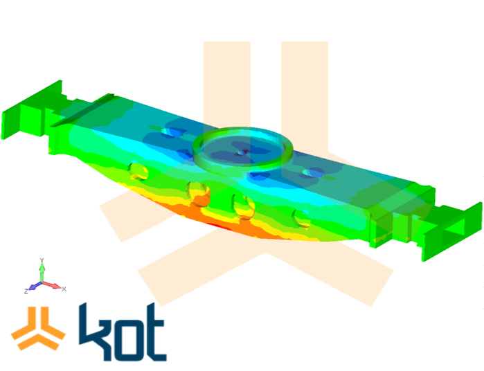 FEM model of Deformations obtained on the bogie central bolster in the model calibration.
