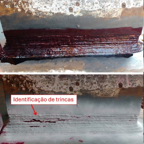 Figura 4: Ensaio de líquido penetrante – Aplicação (a) e revelação (b).
