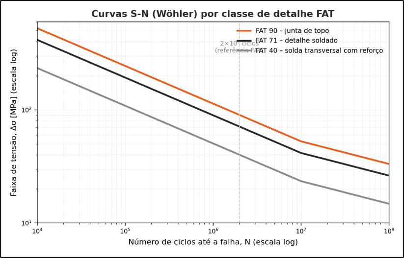 Figura 1: Curvas S-N (Wöhler) esquemáticas para diferentes classes de detalhe FAT. Cada classe define a faixa de tensão admissível em função do número de ciclos, e detalhes de menor classe toleram tensões menores para a mesma vida.