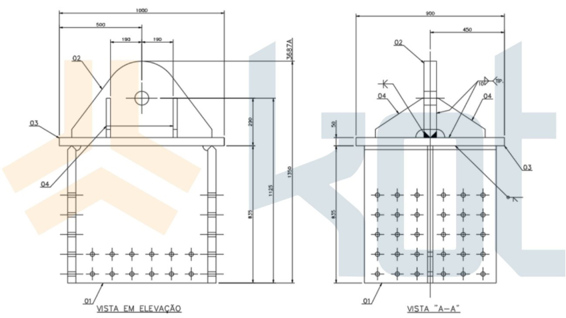 Figura 6: Detalhes dos olhais dimensionados para os módulos 1, 2, 3 e 4.